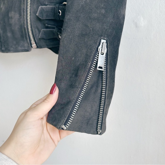 Reiss Charcoal Suede Biker Jacket 100% goat leather soft buckles moto size 4 - Picture 4 of 9